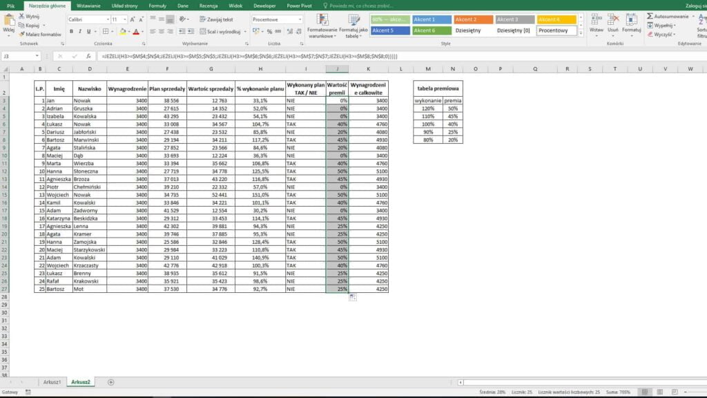 Excel - funkcja JEŻELI - zakończenie zadania