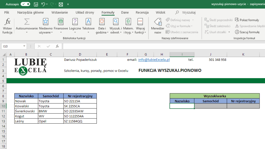 WYSZUKAJ.PIONOWO - Excel podstawowe użycie funkcji
