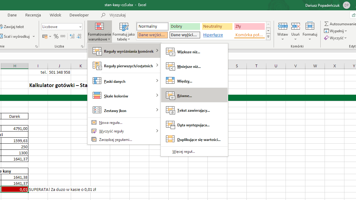 Excel - formatowanie warunkowe
