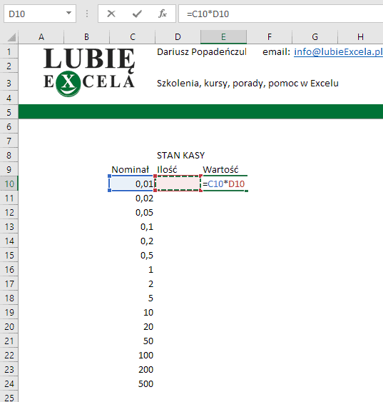 Excel - kalkulator gotówki