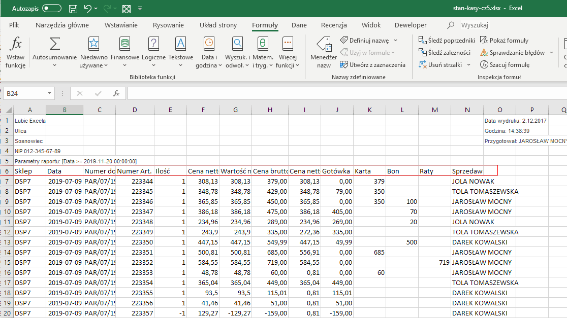 Excel zaznaczenie komórek wiersza