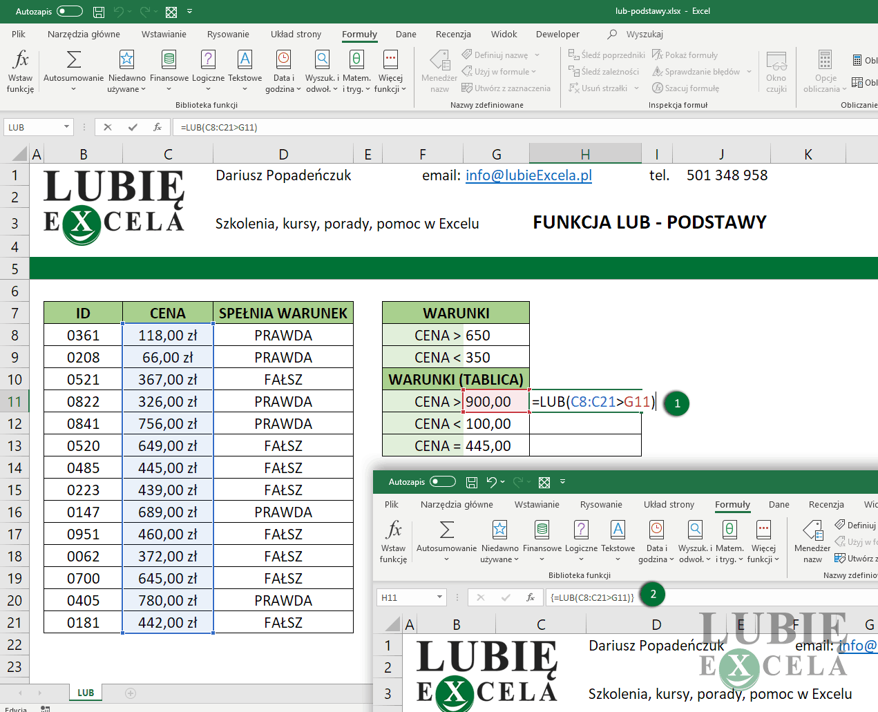 Excel funkcja LUB tablicowa