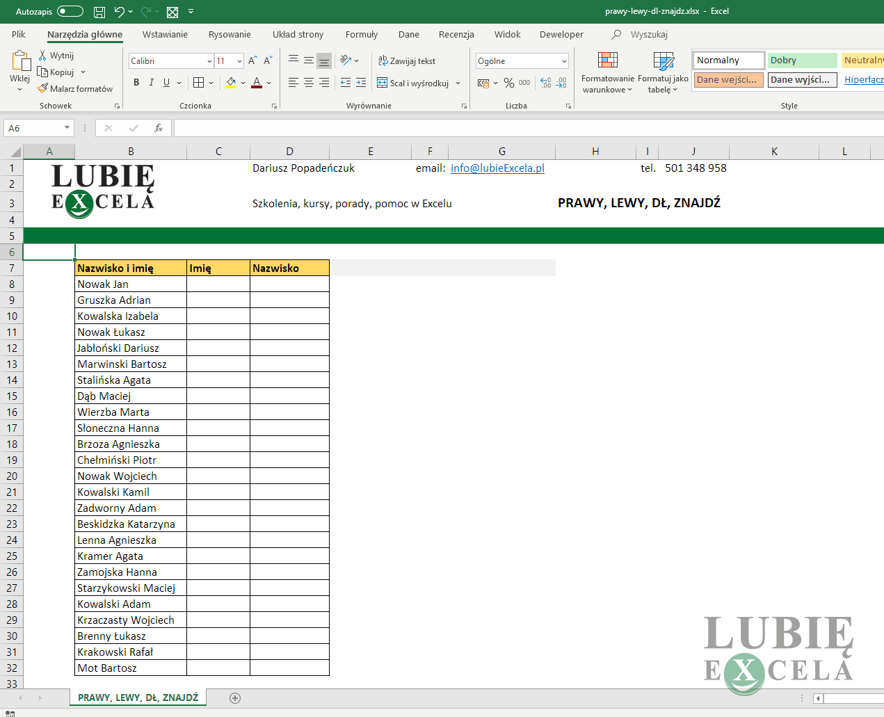 Excel zrzut na arkusz Excela z zadaniem dotyczącym funkcji PRAWY, LEWY, DŁ i ZNAJDŹ