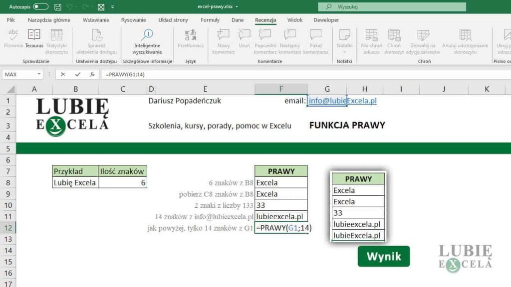 Excel PRAWY - znaki z adresu email